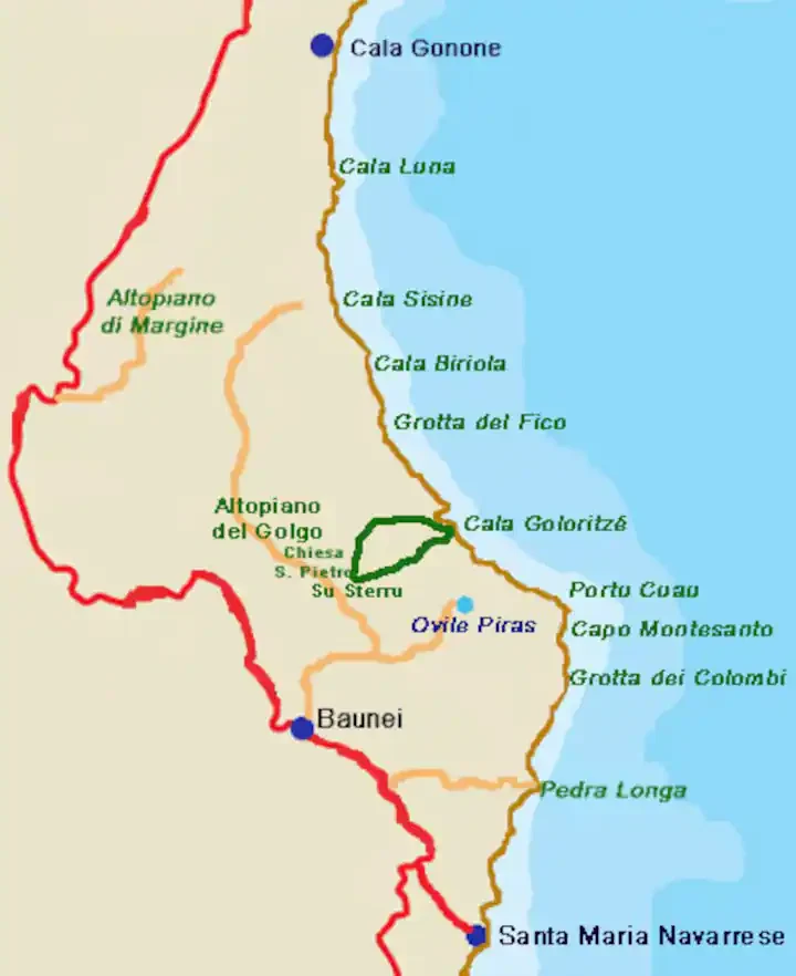 Mapa orientativo de las calas entre Cala Gonone y Santa Maria Navarrese