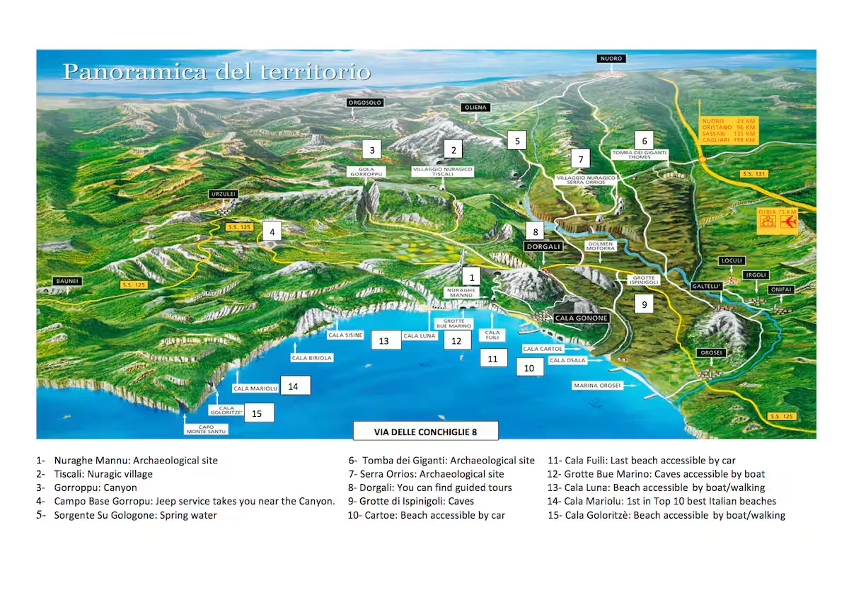 Mapa ilustrado de la costa y las montañas del entorno de Cala Gonone